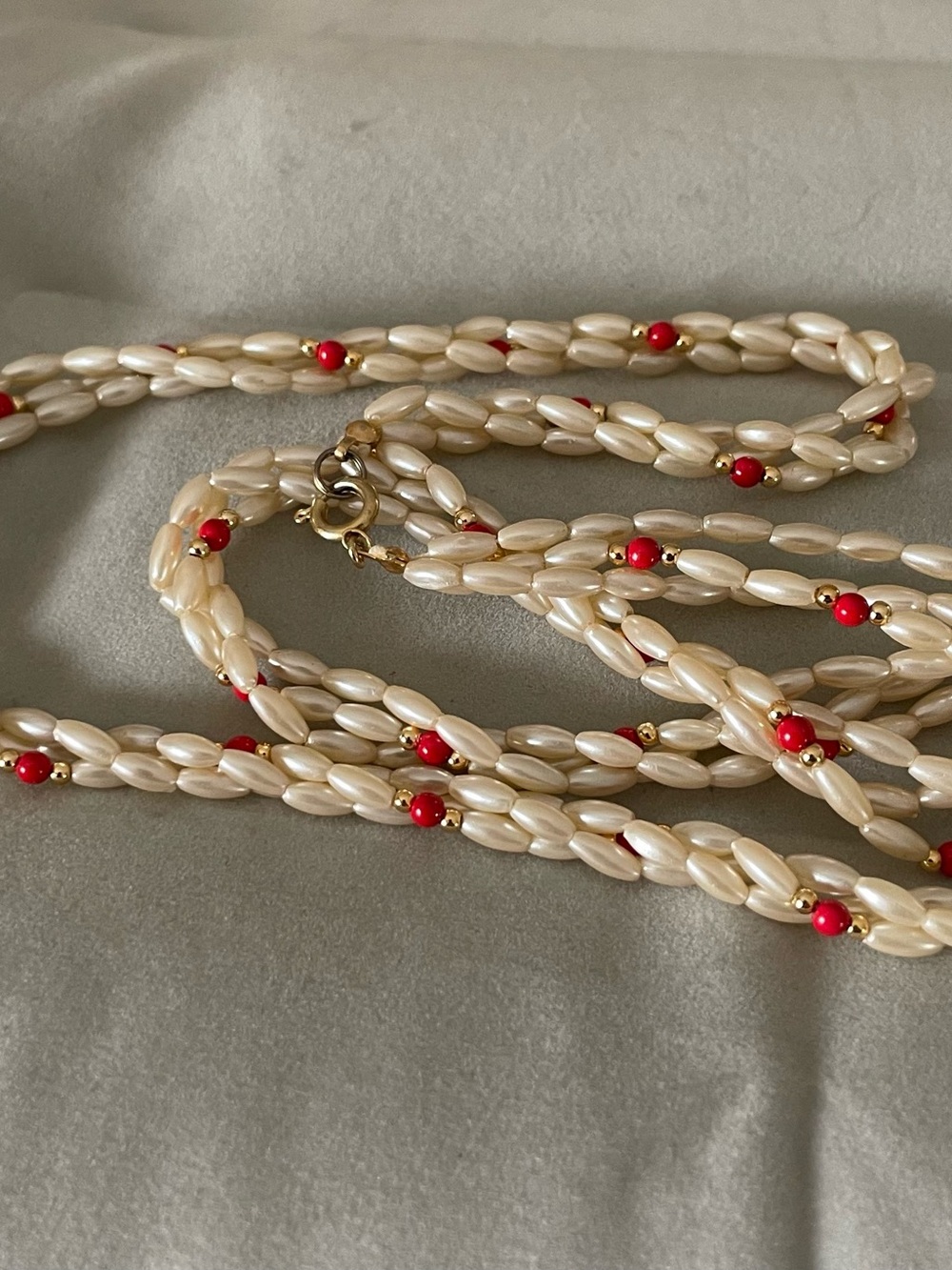 Pearl and Red Bead Twisted Necklace - Women’s Jewelry - Picture 6 of 14